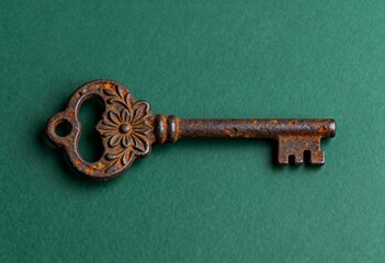An antique, rusty metal key with an ornate, decorative bow