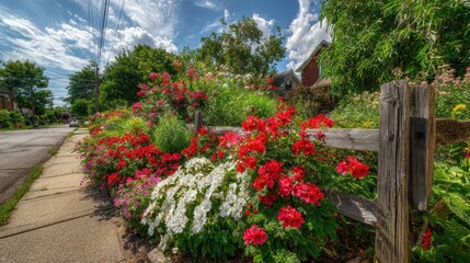 Vibrant Flowerbed Bursting with Color Along a Suburban Sidewalk on a Sunny Day.