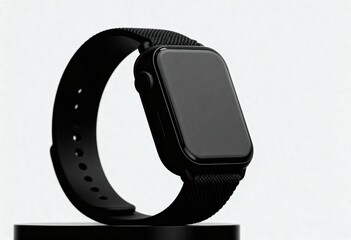 Sleek black smartwatch with metallic and silicone bands on a display stand