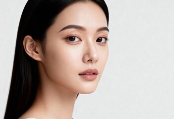 A young woman with natural makeup and long dark hair looking directly at the viewer