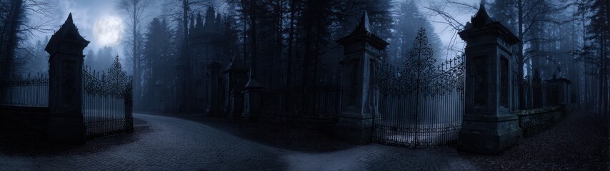 Dark entrance to a mysterious forest with stone pillars at night
