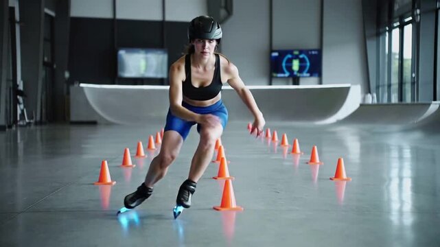 Female skater practicing agility indoors