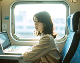 新幹線でノートパソコンを使いながら仕事をする女性 ビジネス 出張 ワーケーション 移動中のリモートワークとフリーランスの働き方