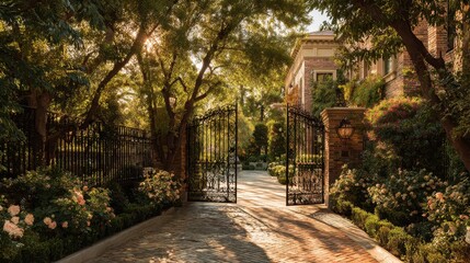 Grand Estate Entrance - Open Gates Leading to Lush Garden and Mansion, Golden Hour.