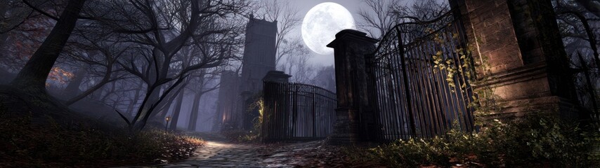 Moonlit night scene with gate trees building silhouette and pathway