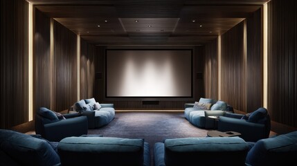 Sophisticated Private Cinema with Dark Wood Walls and Glowing Architectural Lighting.