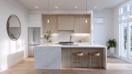 Bright, Modern Open-Concept Kitchen Interior with Large Island, Light Wood Cabinets, and Abundant Natural Light.