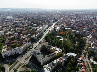 Obraz premium Aerial panorama of Novi Sad with Danube river, bridge and city skyline in Serbia. g.
