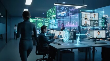 Futuristic Corporate Office with Professionals Using Advanced Holographic Interfaces. - Powered by Adobe