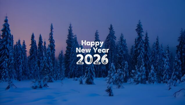 Happy new year 2026 in snowy forest landscape