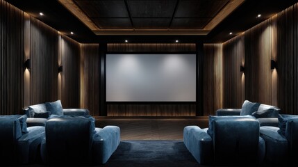 Luxurious Home Theater - Plush Blue Seating, Dark Wood Paneling, and a Large Screen.