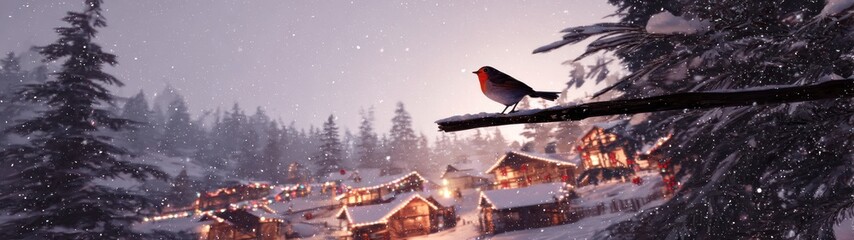 Winter scene with bird perched on a branch near snowy village at dusk