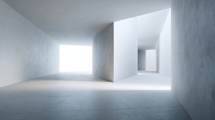 Vast Minimalist Concrete Interior with Ethereal Light and Geometric Passages.