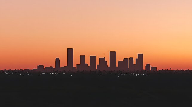 Dramatic silhouette of urban city skyline against orange sunset sky at twilight time