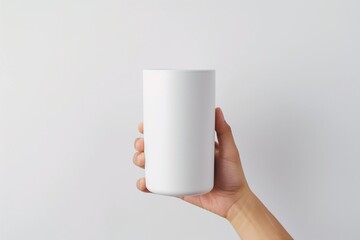 Faceless hands holding blank matte tumbler, clean white background, product mockup concept.