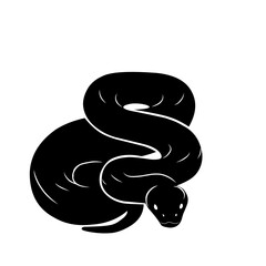 Black silhouette vector of Titanoboa snake coiled, isolated on white background. Ideal for prehistoric reptile illustration, giant snake art, or dangerous animal concept design