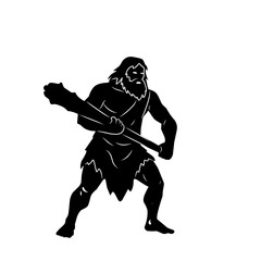 Black silhouette vector of a caveman holding a club, isolated on white background. Perfect for prehistoric illustration, ancient human concept, or survival design element