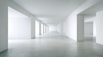 Expansive Minimalist White Interior - Symmetrical Alcoves, Diffused Light, Clean Modern Architecture.