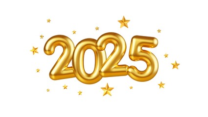 Golden 2025 balloons and stars isolated on white background