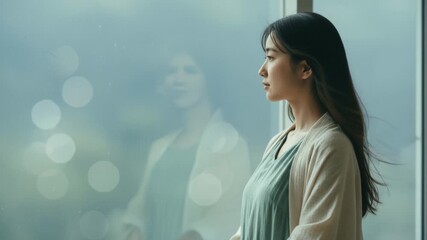 Young woman looking out a window in a modern building, thoughtful mood - Powered by Adobe