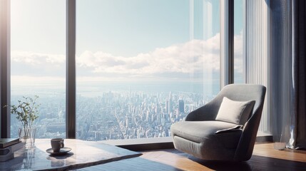 Bright Modern Living Space - Armchair by Window with Expansive Snowy Vista.