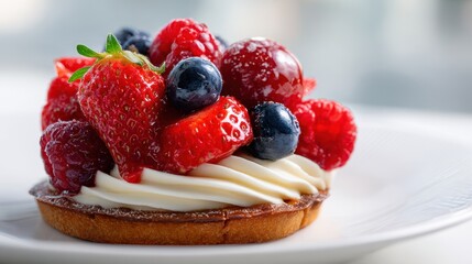 Exquisite Berry Tartlet Crowned with Fresh Strawberries, Raspberries, and Blueberries.