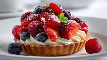 Exquisite Fruit Tart - A Delightful Composition of Berries and Cream, Close-Up.