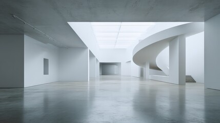 Minimalist White Interior with Spiral Staircase and Polished Floor, Architectural Design.