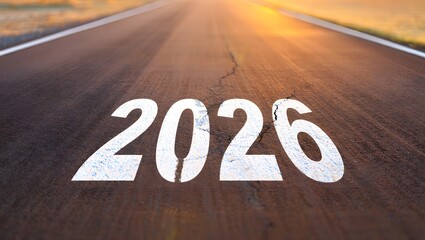 Road with 2026 painted in bold, sunset glow ahead