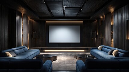 Luxurious Home Theater Interior - Modern Design with Blue Sofas and Ambient Lighting.