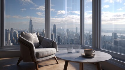 Modern Armchair and Coffee Table Overlooking a Cityscape Through Large Windows.