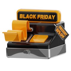 Cash Register with Black Friday Sign and Discount Label on Transparent Background
