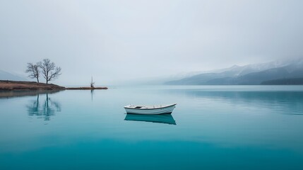 Serene minimalist scene of a lone small boat floating on calm turquoise lake waters with soft fog, distant mountains and bare trees creating peaceful tranquil atmosphere