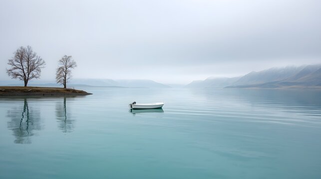 Serene minimalist scene of a lone small boat floating on calm turquoise lake waters with soft fog, distant mountains and bare trees creating peaceful tranquil atmosphere