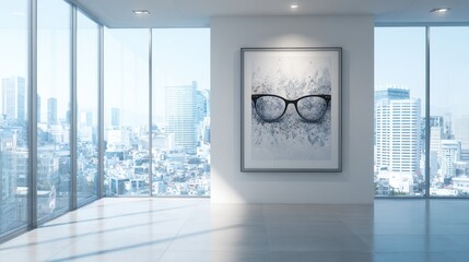 Modern Office Art Gallery with Cityscape View and Framed Eyeglasses Artwork.