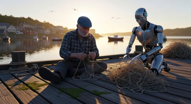 A robot and an old fisherman mend nets on a pier at sunset - Powered by Adobe