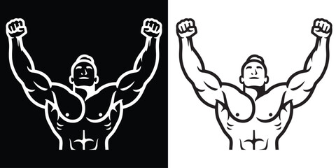 Bold muscular man raising arms in triumph, perfect for fitness brand designs