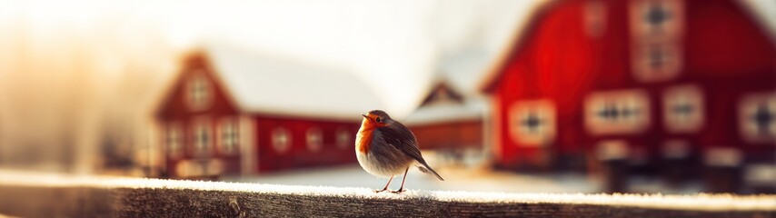 Bird perched on fence with red barns and sunlight