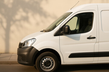 Modern white delivery van parked on urban street in sunlight, transportation vehicle for fast courier logistics and shipping services