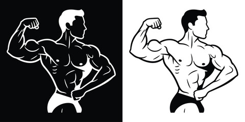 Bold monochrome illustration of a muscular man flexing biceps on black and white