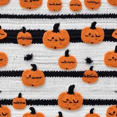 Knitted textile background with Halloween pumpkins and spiders 