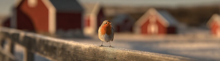 European robin perched on a wooden fence with red buildings in the background