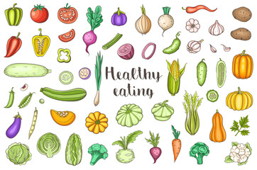 Cartoon vegetables and text Healthy eating on a white background