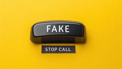 Black glossy call button with the word FAKE on bright yellow background
