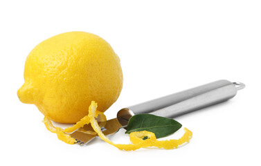 Lemon zest, fresh fruit and zester tool isolated on white