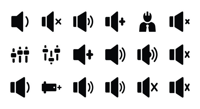 Collection of sound speaker volume icons with different settings including mute increase decrease and user  - Basic icon for website design, logo, app, template, ui, infographic