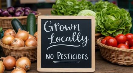 Blackboard sign promoting locally grown organic food