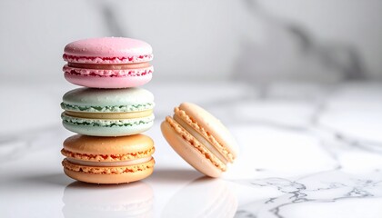 Fototapeta premium Close up of pastel macarons stacked on white marble surface, luxury dessert concept
