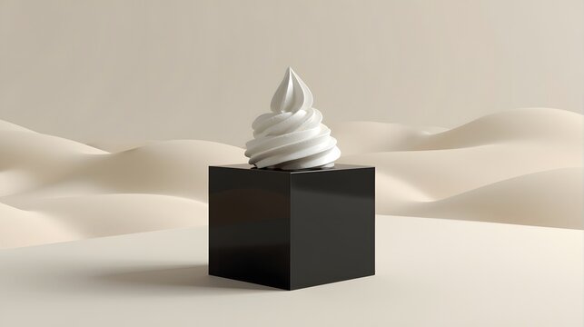Minimalist conceptual image featuring a swirl of white soft serve ice cream placed on a sleek black cube against a neutral beige background, representing elegance, contrast, and modern design in food 