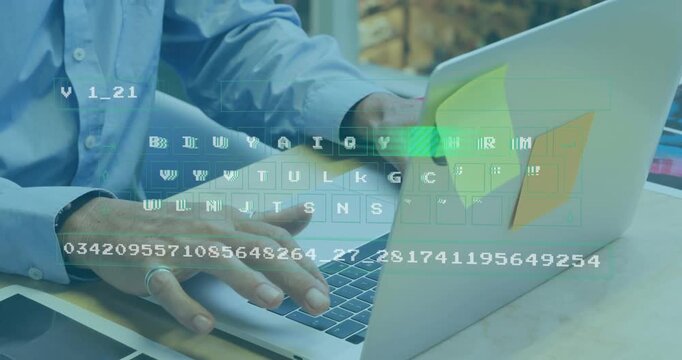 Man pressing keys on laptop activating floating code overlay and advancing decryption bar in tech
